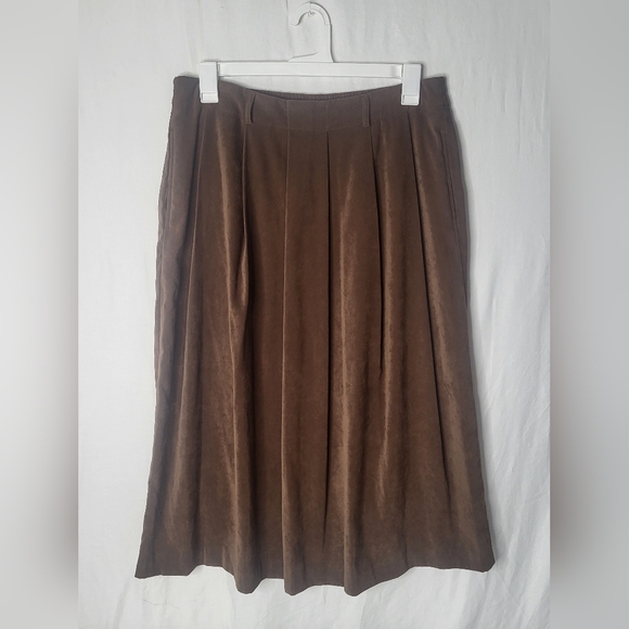 VTG Orvis Brown Faux Suede Pleated Pull-On Prairie Skirt Size 12 Swing Skirt - Picture 3 of 10